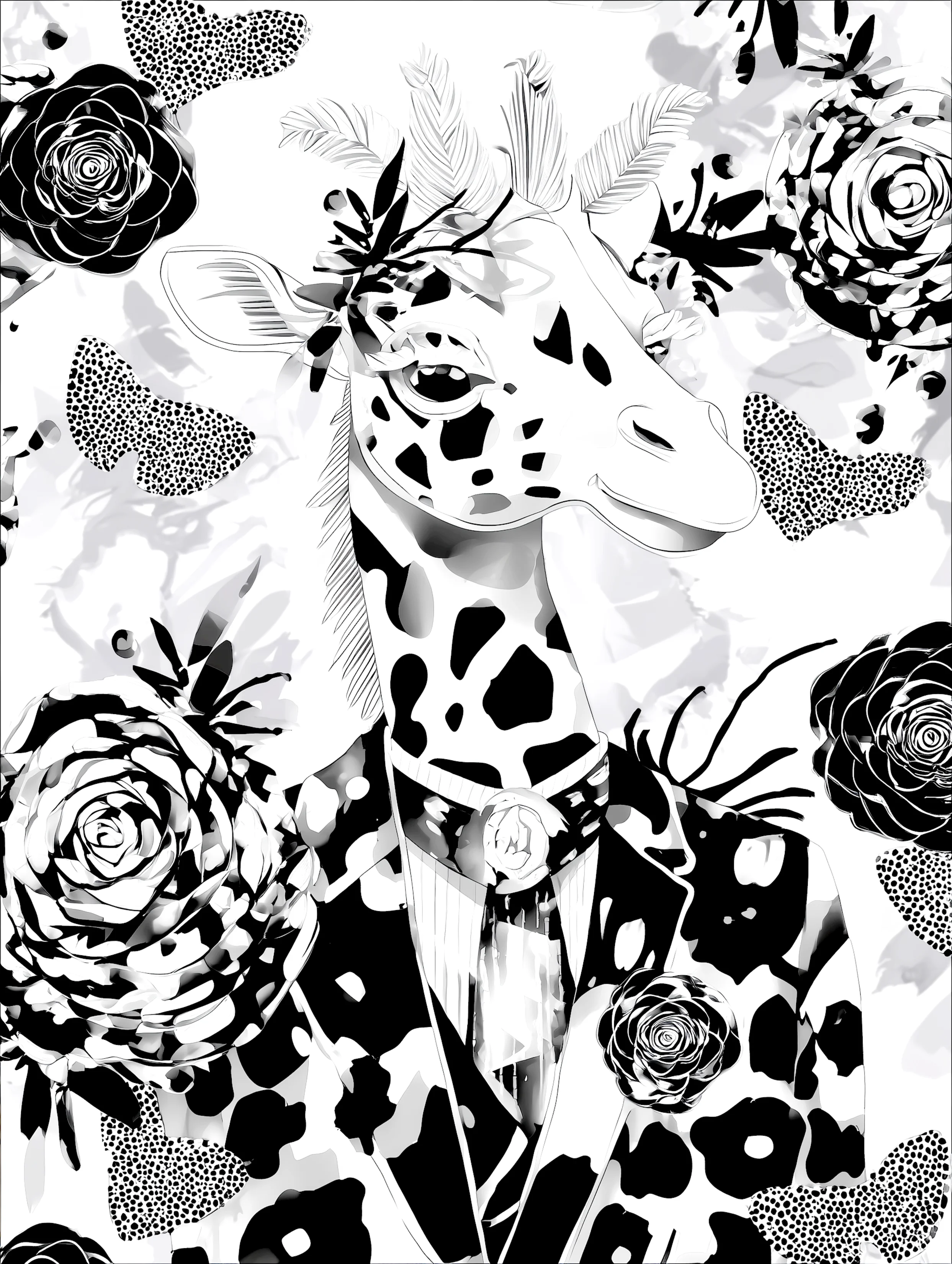 Free printable giraffe coloring page featuring standing giraffe with suit